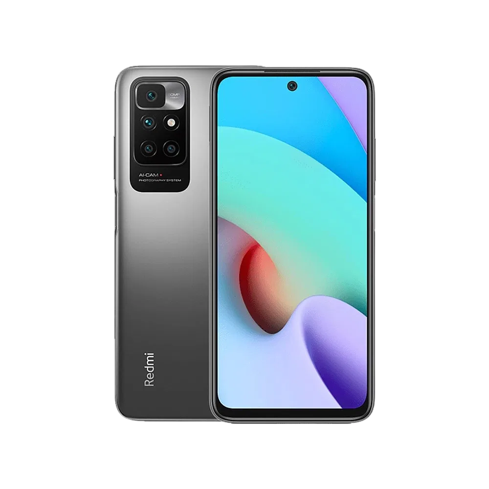 Xiaomi Redmi 10 2022 siyah akıllı telefon, ön ekran ve arka çoklu kamera tasarımıyla birlikte görünüm