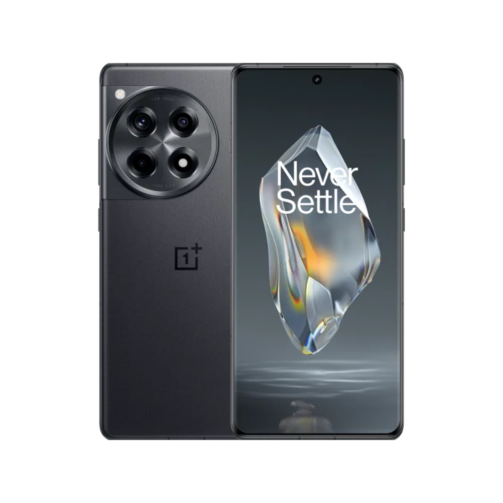 Gri OnePlus 12R akıllı telefon, ön ekran ve dairesel çoklu kameralı arka tasarımıyla vitrin görünümü