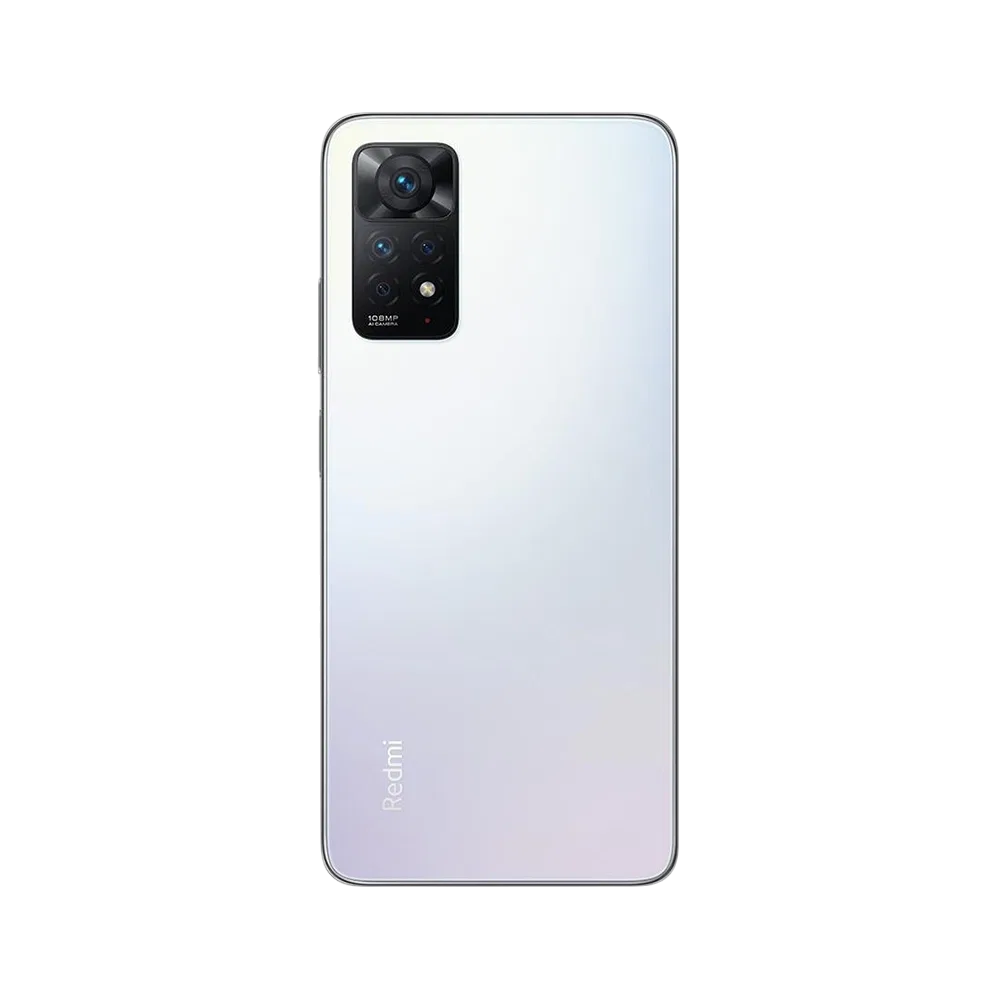 Beyaz Xiaomi Redmi Note 11 Pro 5G akıllı telefonun arka yüzü, büyük kamera modülüyle görünüm