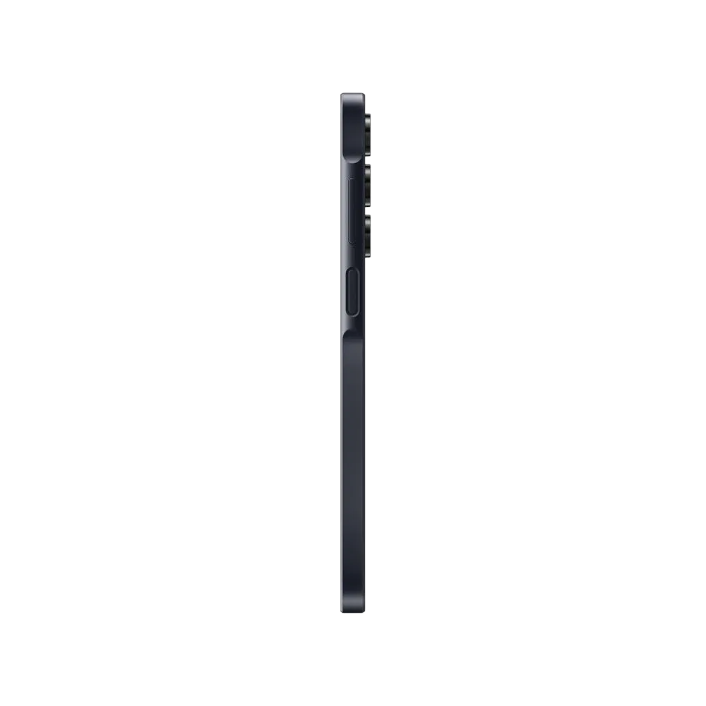 Siyah Samsung Galaxy A16 5G akıllı telefonun yan profili, ince gövde ve tuş detaylarıyla görünüyor