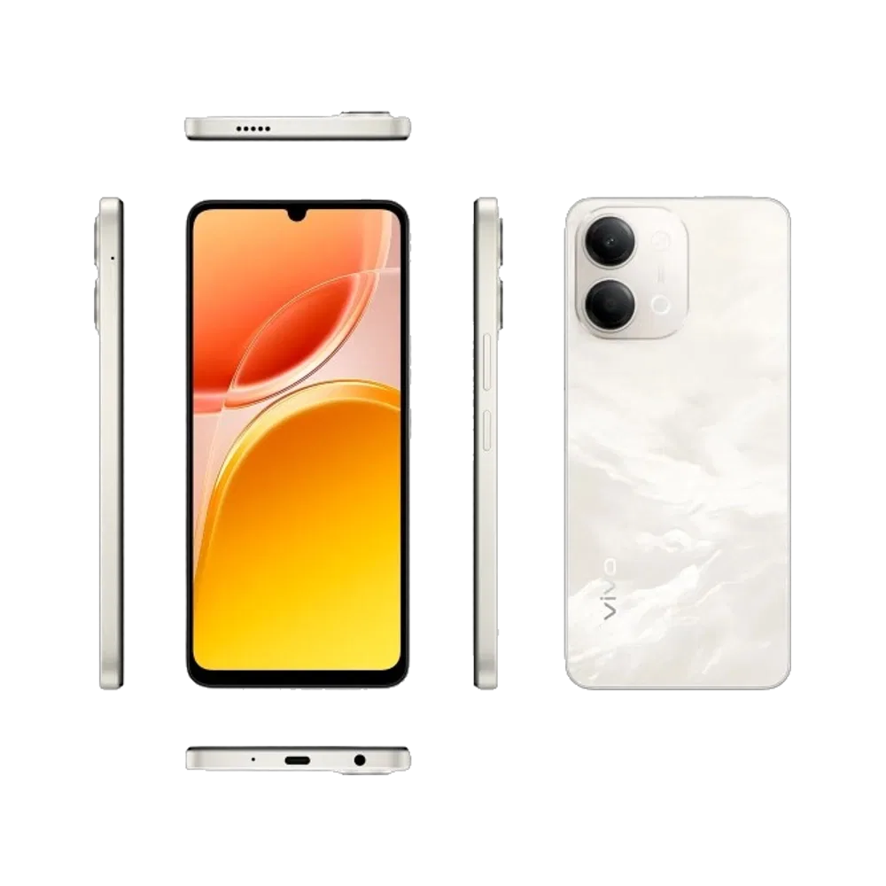Vivo Y11d altın akıllı telefon, ön ekran, arka kapak ve yan profil detaylarıyla çoklu açıdan görünüm