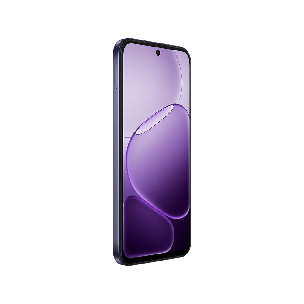 Mor renk Oppo A6T 5G akıllı telefonun önden görünümü, çerçevesiz ekran ve ön kamera detayı