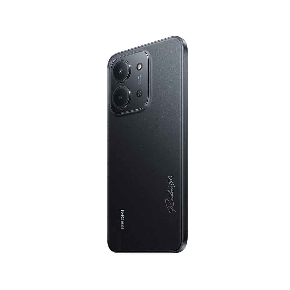 Xiaomi Redmi 15c siyah akıllı telefonun arka yüzü, çift kamera modülü ve Redmi logosu görünümü
