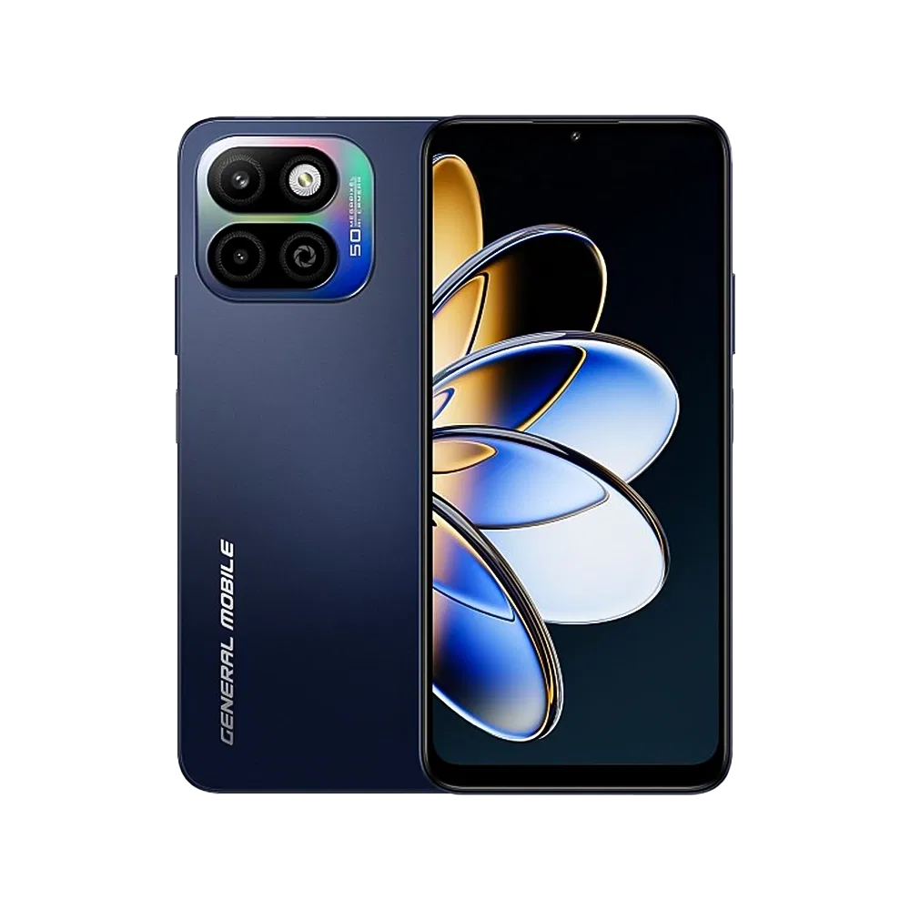 Lacivert General Mobile GM 26 One 5G telefonun ön ve arka yüzü, çoklu kamera sistemi ve renkli ekranıyla birlikte.