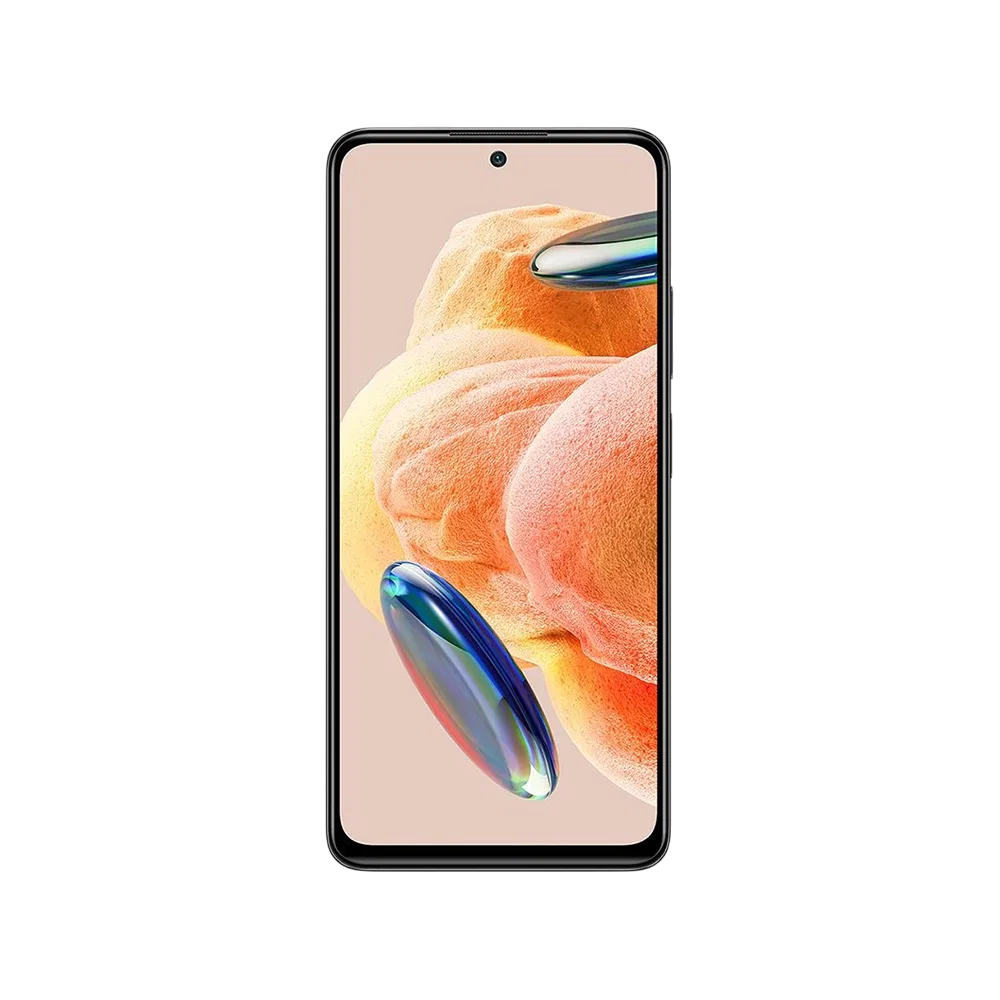Xiaomi Redmi Note 12 Pro 4G siyah akıllı telefon, önden görünüm, ince çerçeve ve ortalı ön kamera deliği