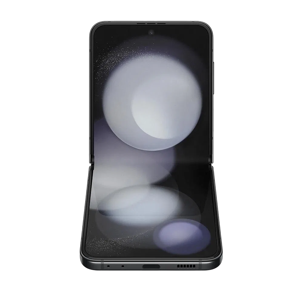 Samsung Galaxy Z Flip5 siyah katlanabilir akıllı telefon, açık konumda ön ekran ve menteşe detayıyla görünüm