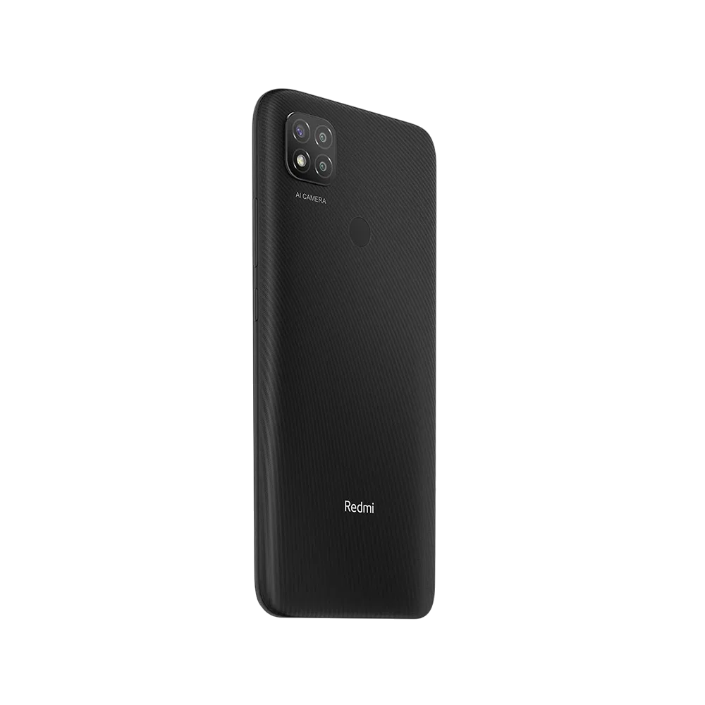 Xiaomi Redmi 9C siyah akıllı telefonun arka yüzü, çoklu kamera modülü ve parmak izi okuyucu detayı