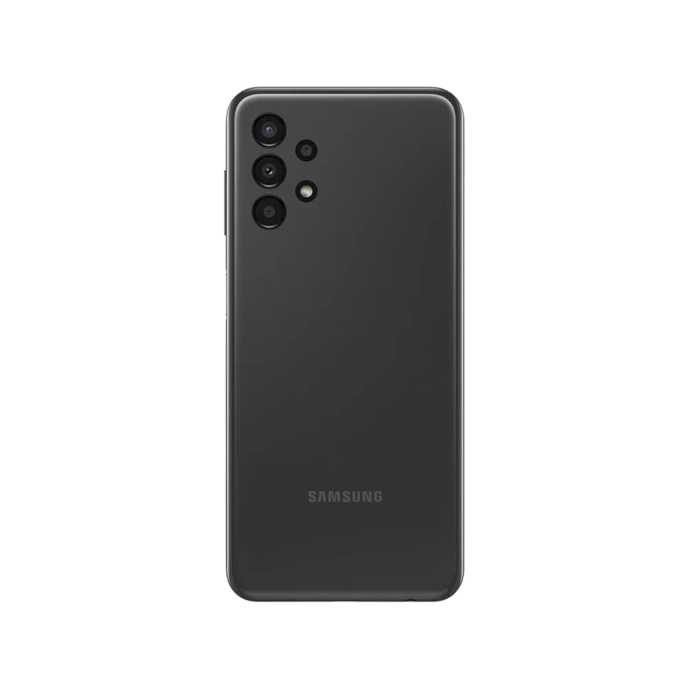 Samsung Galaxy A13 siyah akıllı telefonun arka yüzü, çoklu kamera modülü ve LED flaş detaylı tasarım