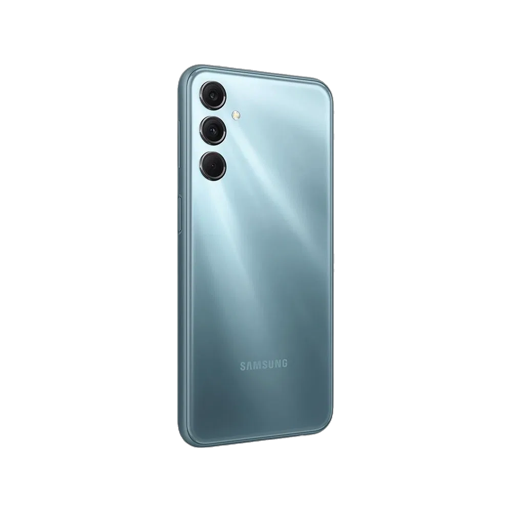 Samsung M34 5G mavi akıllı telefonun üçlü arka kamerası ve parlak arka paneli