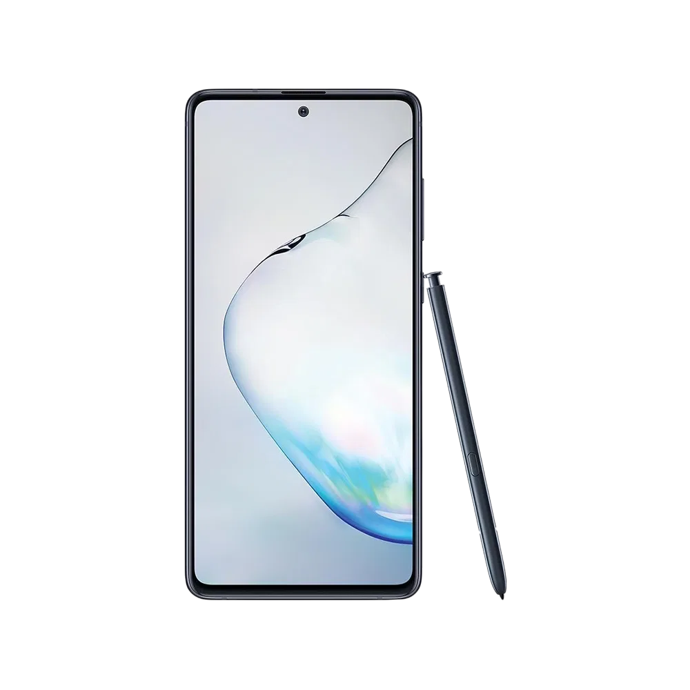 Siyah Samsung Galaxy Note 10 Lite akıllı telefon, önden görünüm ve yanında S Pen kalemle vitrin çekimi