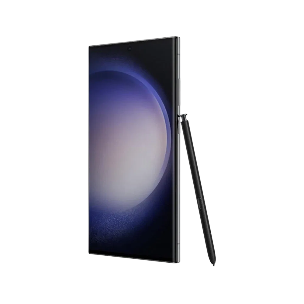 Samsung Galaxy S23 Ultra siyah akıllı telefon, geniş ekran ve yanında S Pen kalemle önden görünüm