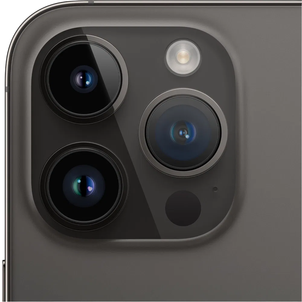 Siyah Apple iPhone 14 Pro akıllı telefonun arka yüzündeki üçlü kamera ve flaş detayı yakın plan
