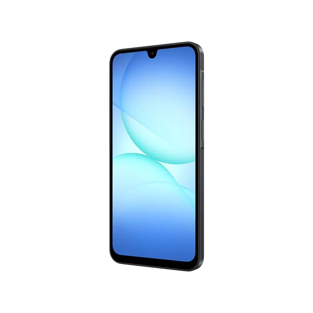 Samsung Galaxy A17 siyah akıllı telefon, geniş ekranlı ön yüz ve ince çerçeve tasarımıyla önden görünüm