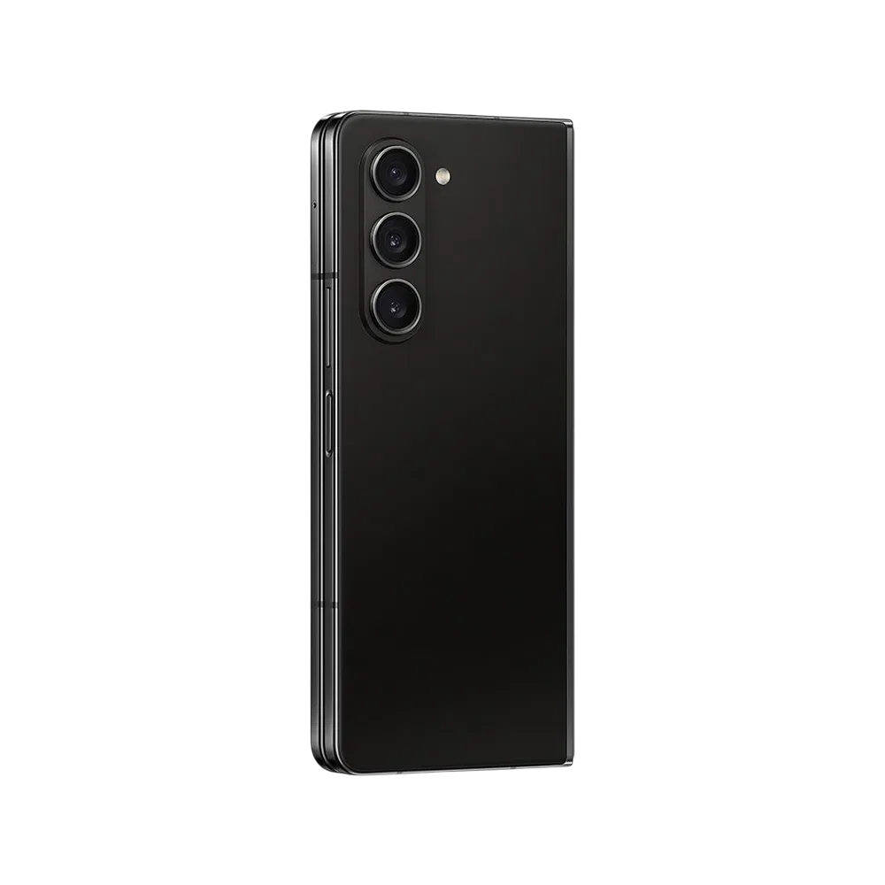 Samsung Galaxy Z Fold5 siyah akıllı telefon, katlanabilir tasarım ve üçlü arka kamera detayıyla arka görünüm