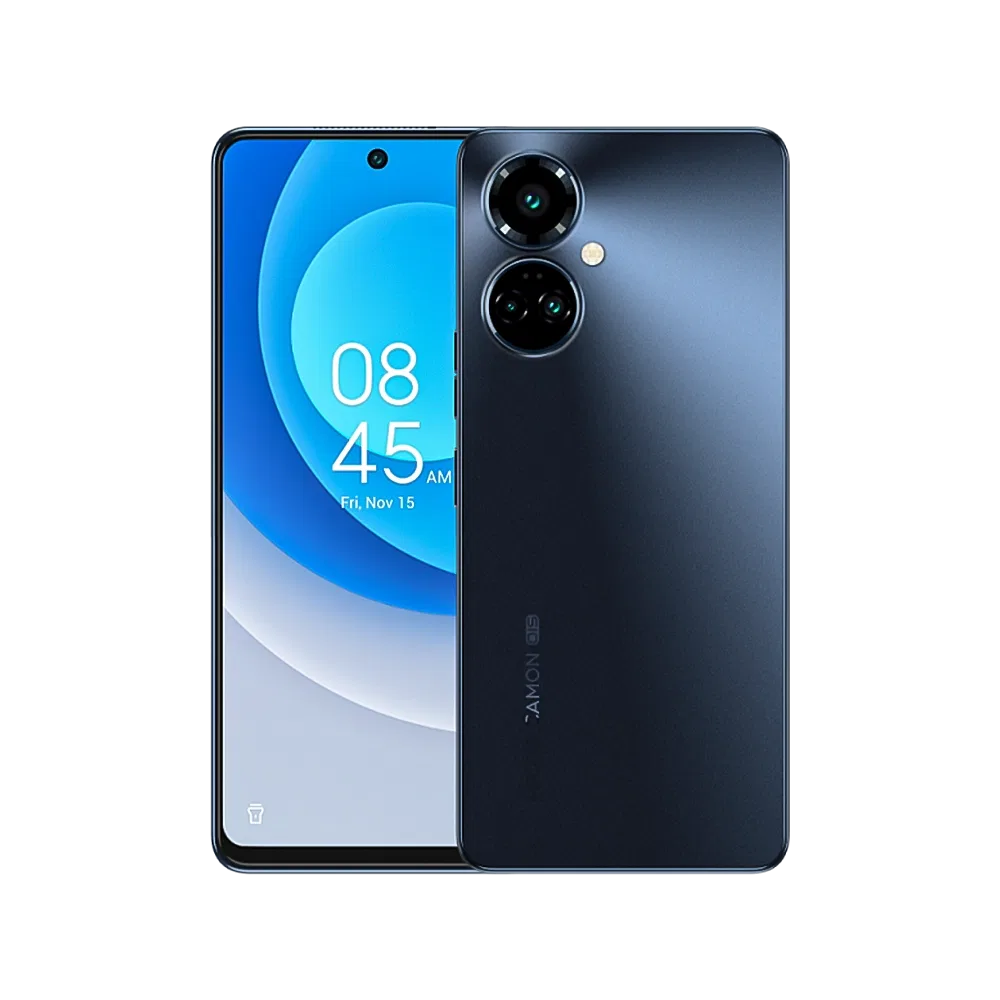 Tecno Camon 19 Pro siyah akıllı telefonun önden ekranı ve arkadan çift kamera tasarımı, vitrin görünümü