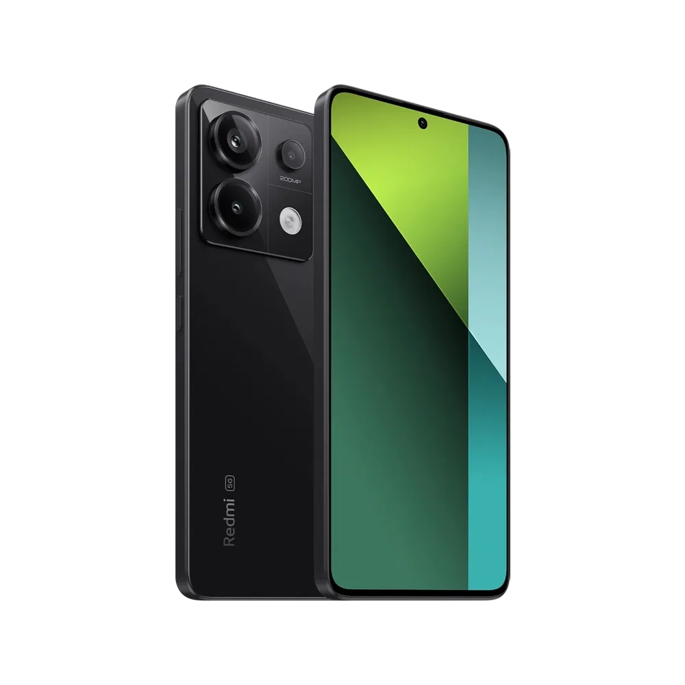 Xiaomi Redmi Note 13 Pro siyah akıllı telefon, ön ekran ve üçlü arka kamera tasarımıyla görünüm