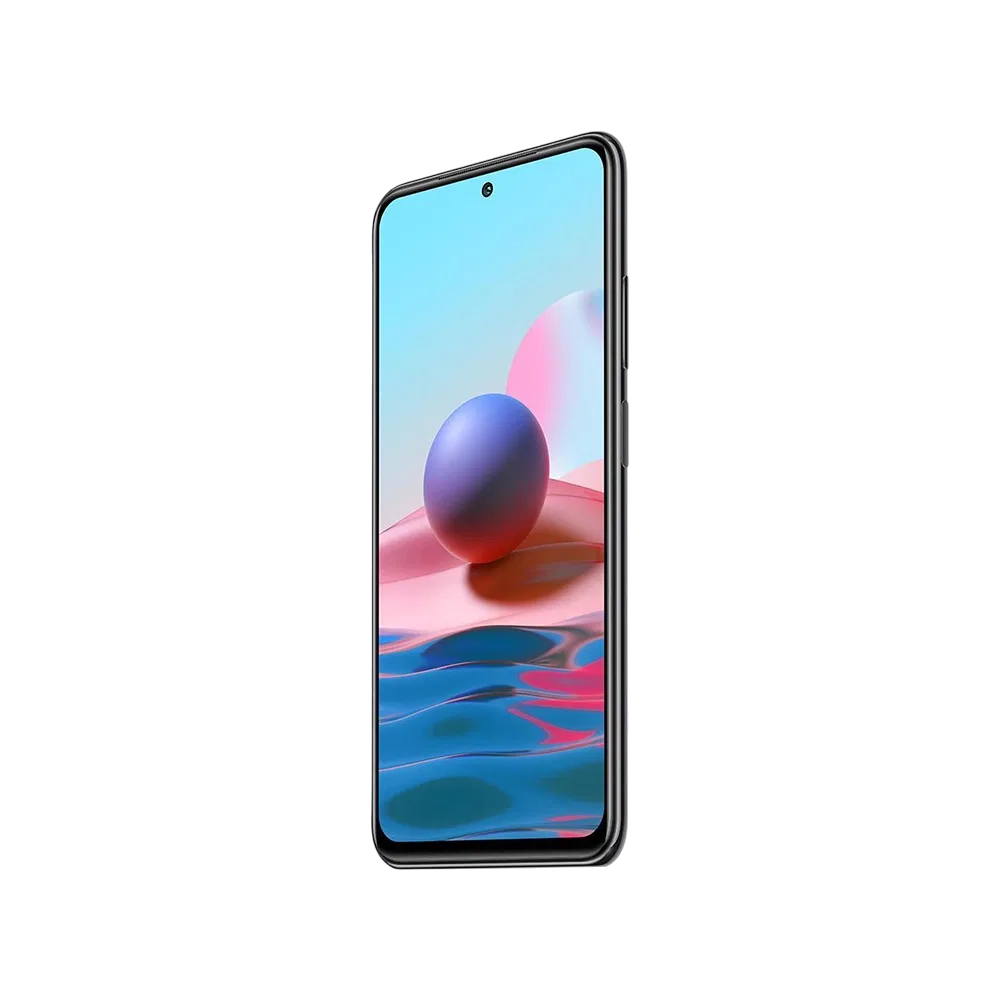 Xiaomi Redmi Note 10 5G siyah akıllı telefon, ince çerçeveli ekran ve ortada ön kamera deliğiyle önden görünüm