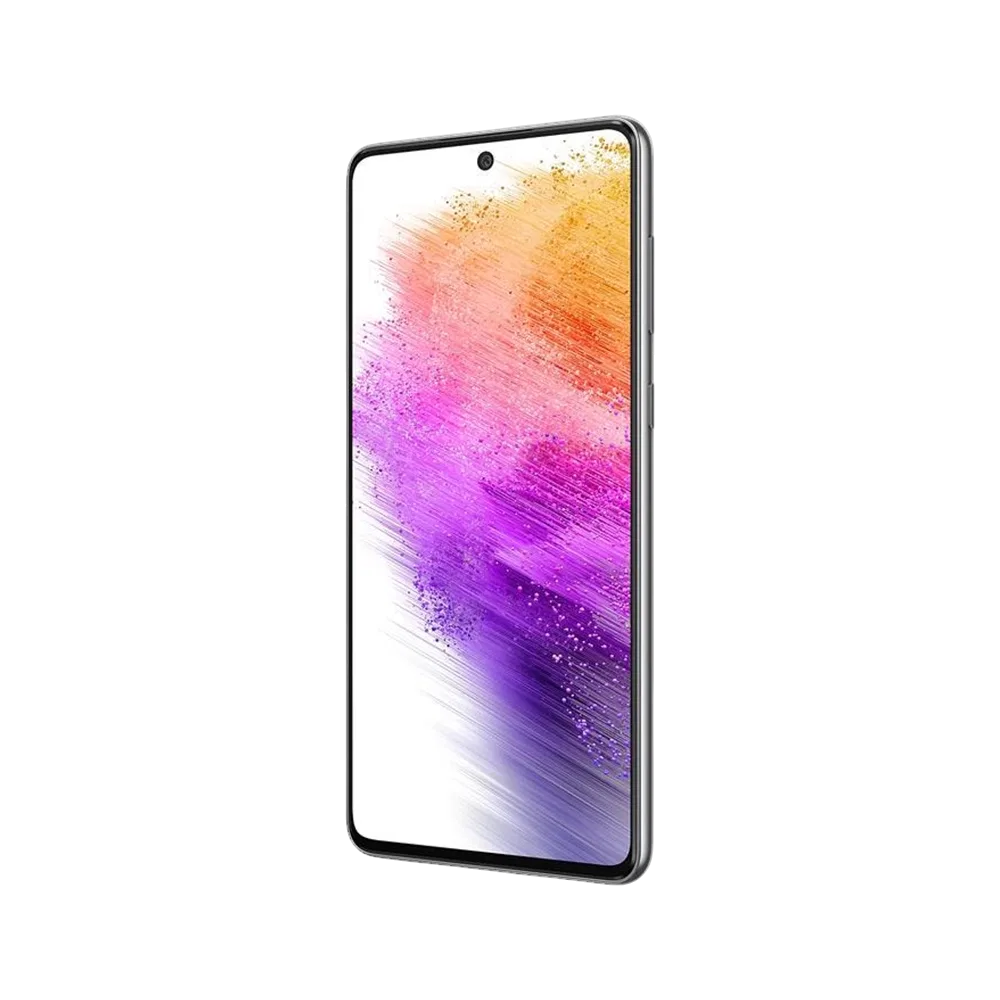 Samsung Galaxy A73 siyah akıllı telefon, ön yüz ekran görünümü ve ince çerçeveli tasarım