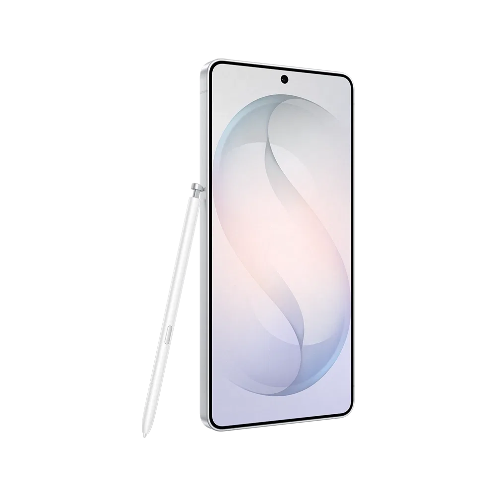 Beyaz Samsung Galaxy S26 Ultra akıllı telefon, ince çerçeveli ekran ve yanında beyaz S Pen kalemle görünüm
