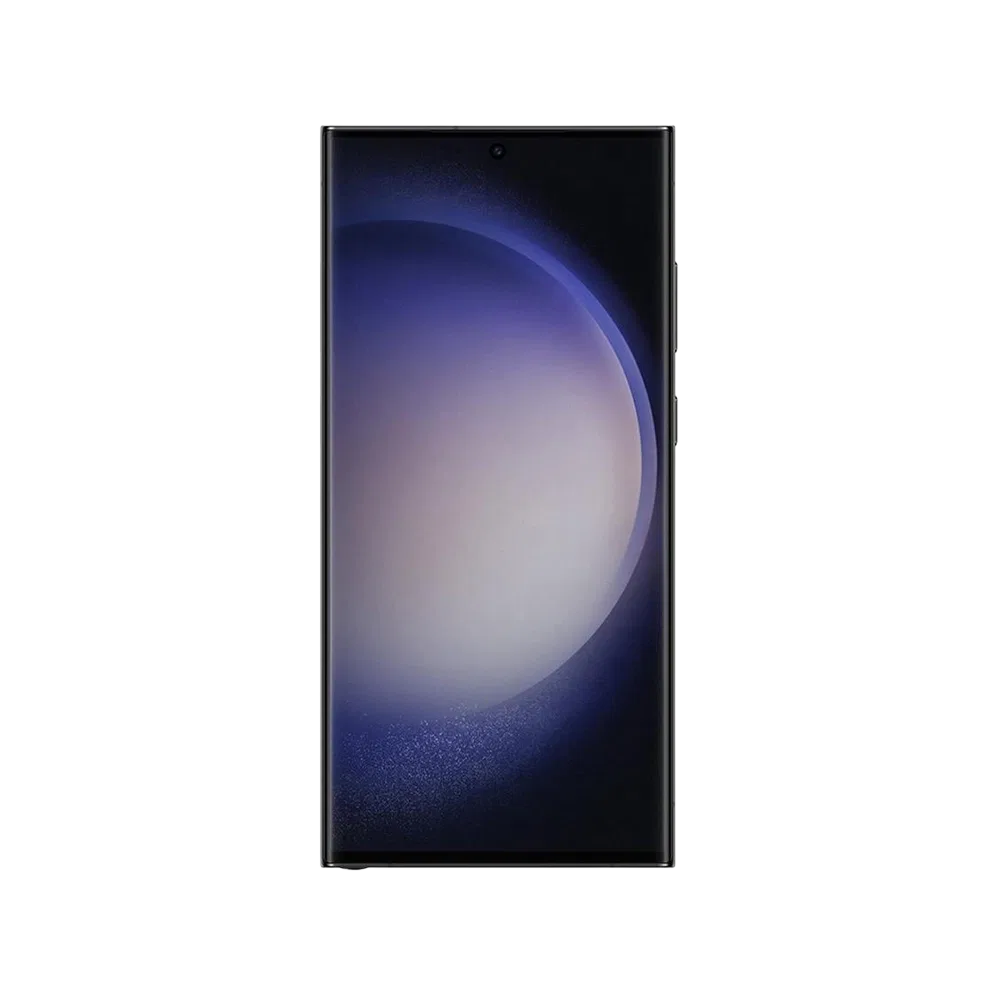 Samsung Galaxy S23 Ultra siyah akıllı telefon, önden görünümde ince çerçeveli ekran tasarımı