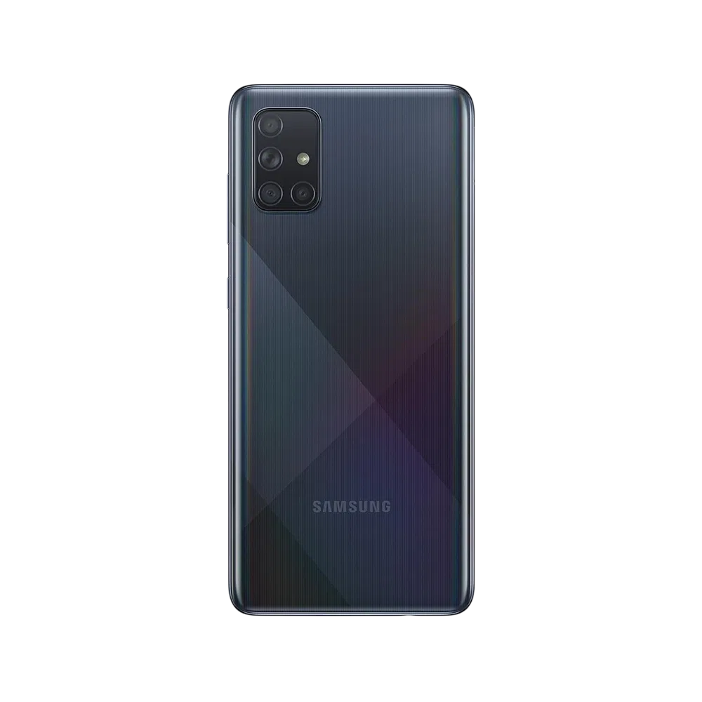 Samsung Galaxy A71 siyah akıllı telefonun arka yüzü, dört kamera modülü ve parlak kapak tasarımı