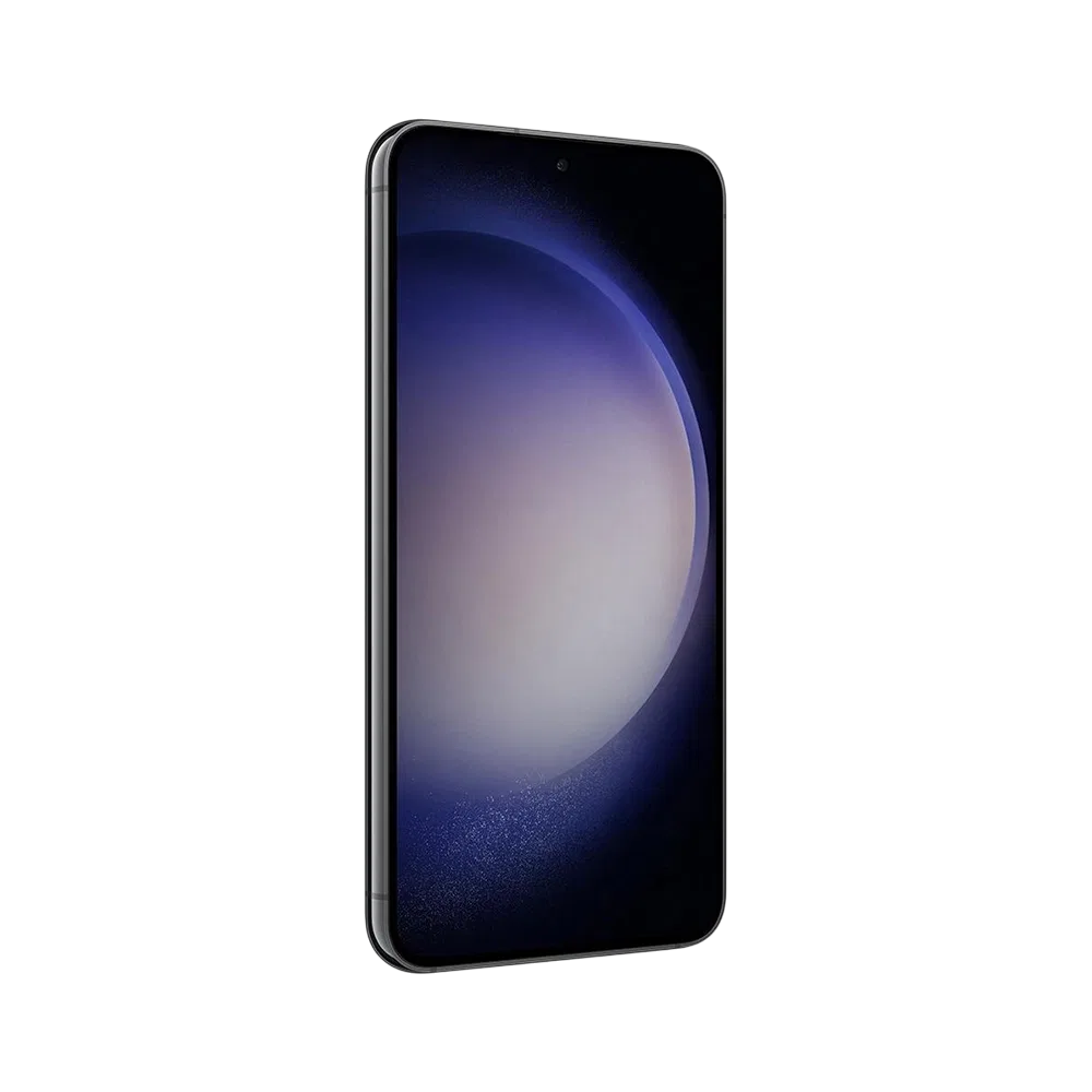 Samsung Galaxy S23 siyah akıllı telefon, önden görünüm, ince çerçeveli ekran ve ön kamera detayı