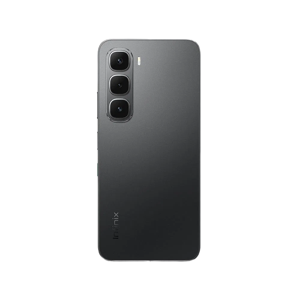 Siyah Infinix Hot 60i akıllı telefonun arka yüzü, üçlü kamera modülü ve LED flaş detayıyla görünüyor