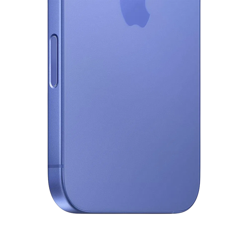 Apple iPhone 16 Plus mavi akıllı telefonun arka yüzeyi ve yan tuş detayı, yakın plan görünüm