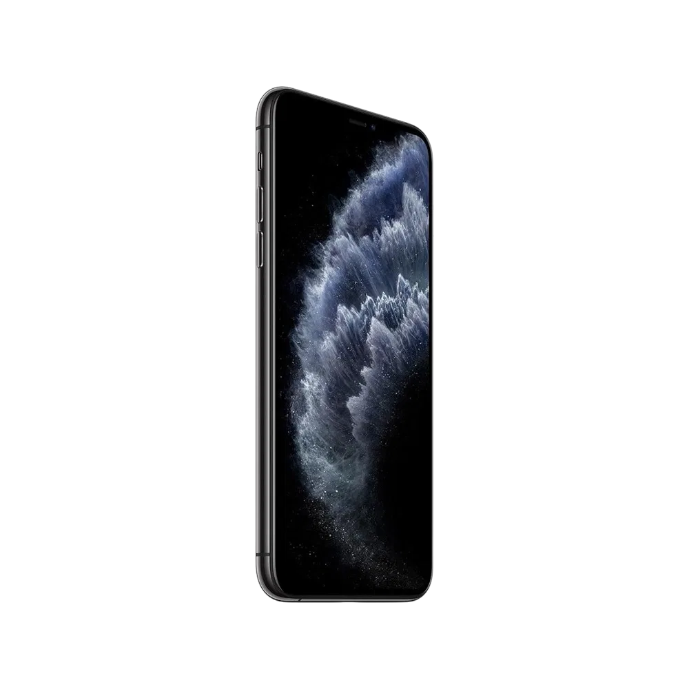 Siyah Apple iPhone 11 Pro Max akıllı telefon, yandan görünüm, çentikli ekran ve koyu uzay temalı duvar kâğıdı
