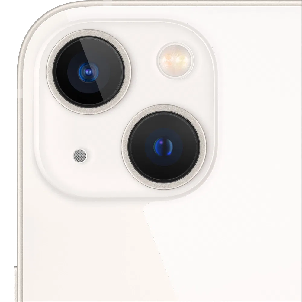 Beyaz Apple iPhone 13 akıllı telefonun arka kamera modülüne yakın plan, çift lens ve flaş detayı
