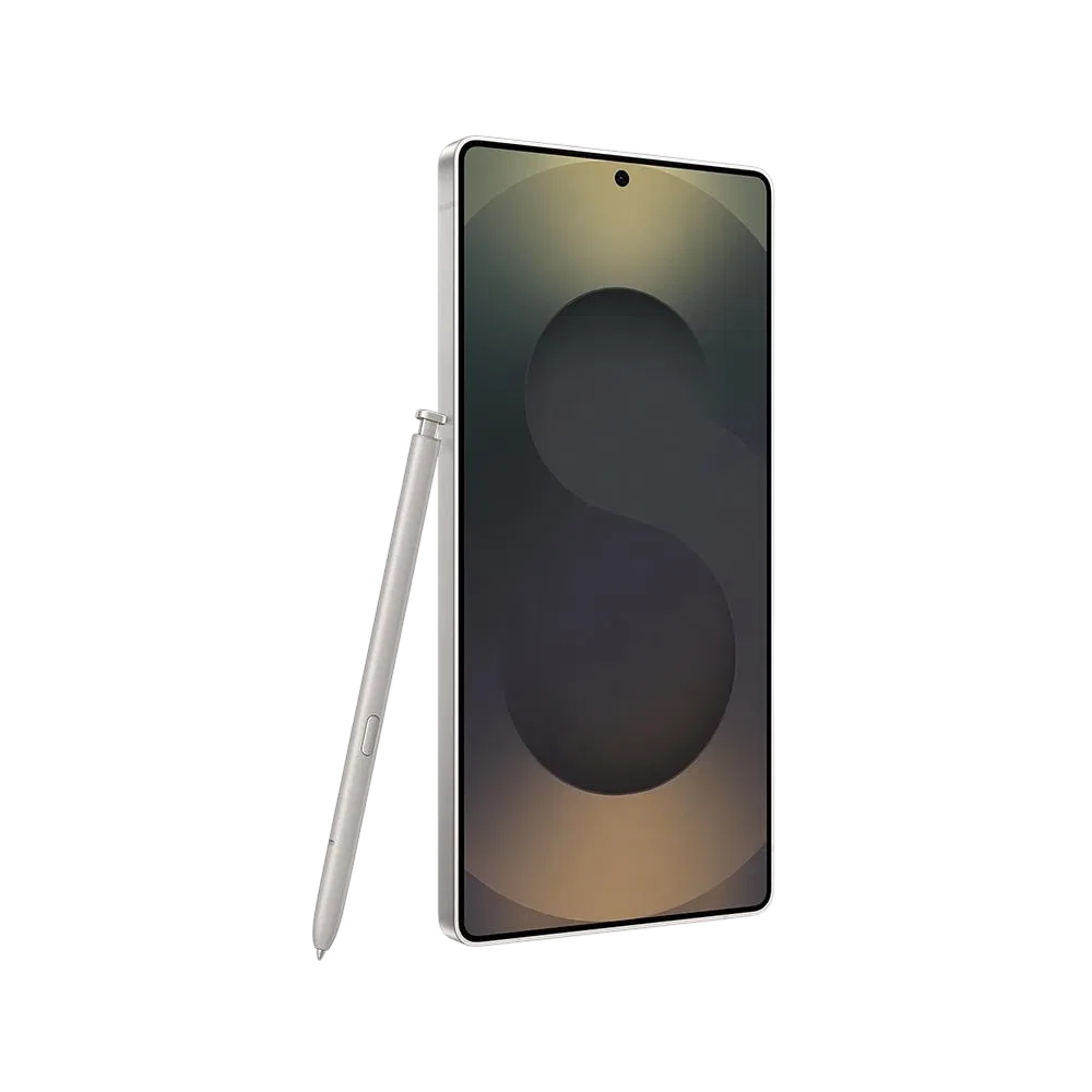 Titanyum Siyah Samsung Galaxy S25 Ultra akıllı telefon, önden ekran görünümü ve S Pen kalemle birlikte