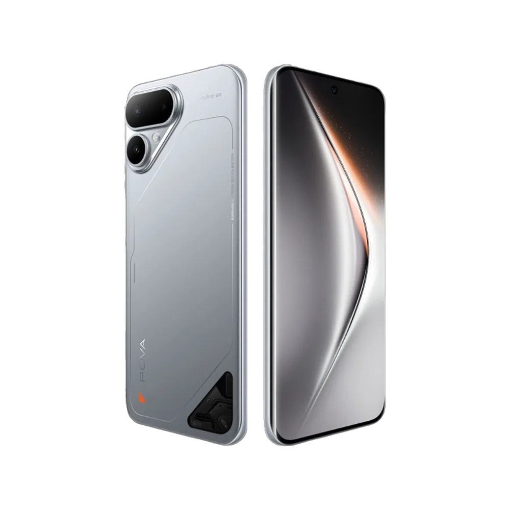 Titanyum renkli Tecno Pova Curve 2 5G akıllı telefon, ön ekran ve arka kapak tasarımıyla yan yana görünüm