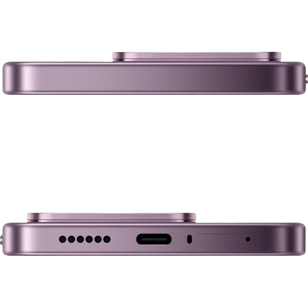 Mor renk Xiaomi 17T akıllı telefonun üst ve alt kenar detayları, ince gövde ve USB-C bağlantı noktası görünümü
