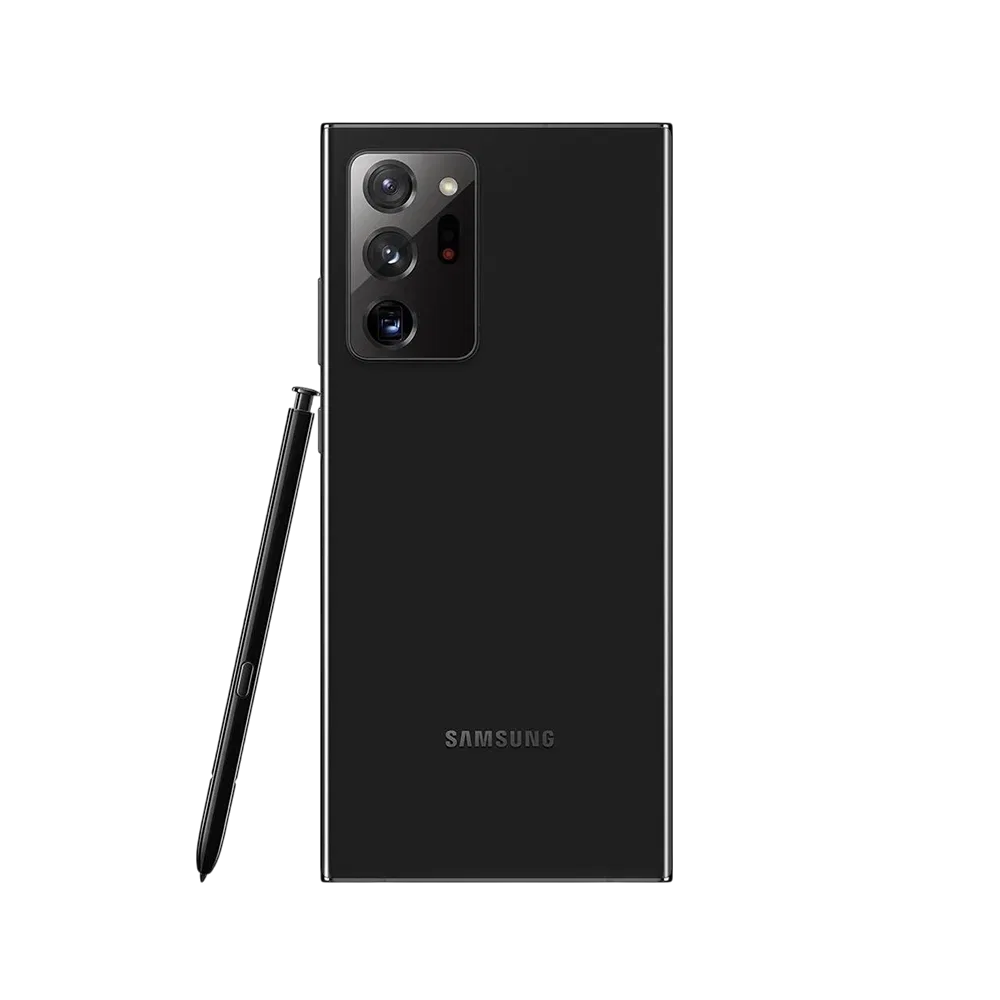 Siyah Samsung Galaxy Note 20 Ultra akıllı telefonun arka yüzü, üçlü kamera modülü ve S Pen kalemiyle birlikte