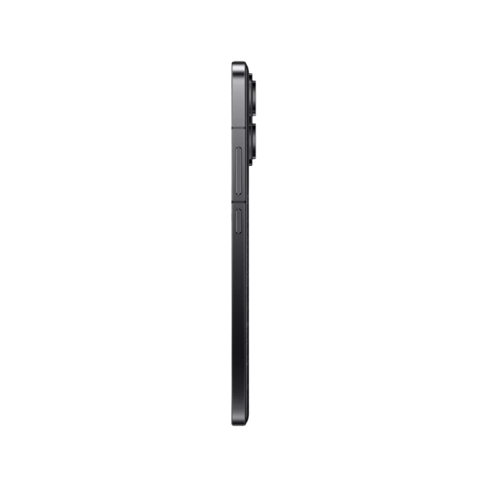 Siyah Poco F6 Pro akıllı telefonun yan profilden görünümü, ince gövde ve çıkıntılı kamera tasarımı