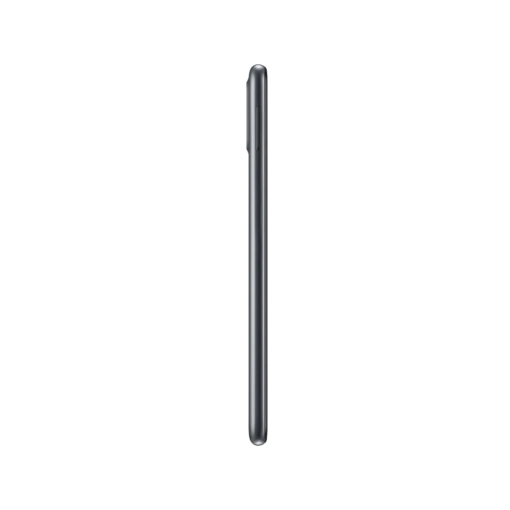 Samsung Galaxy A11 siyah akıllı telefonun yandan görünümü, ince gövde ve tuş detaylarıyla