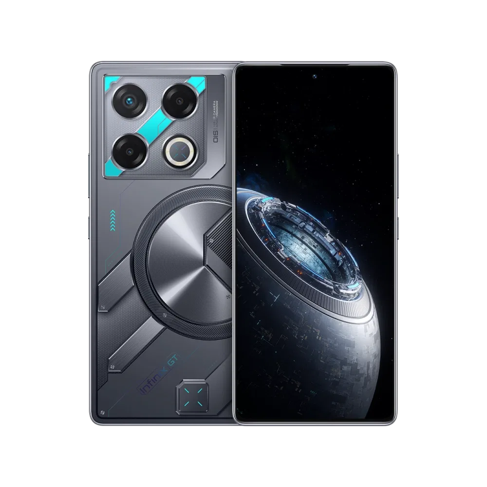 Infinix GT 20 Pro mavi akıllı telefon, ön ekran ve üç kameralı arka tasarım vitrin görünümü
