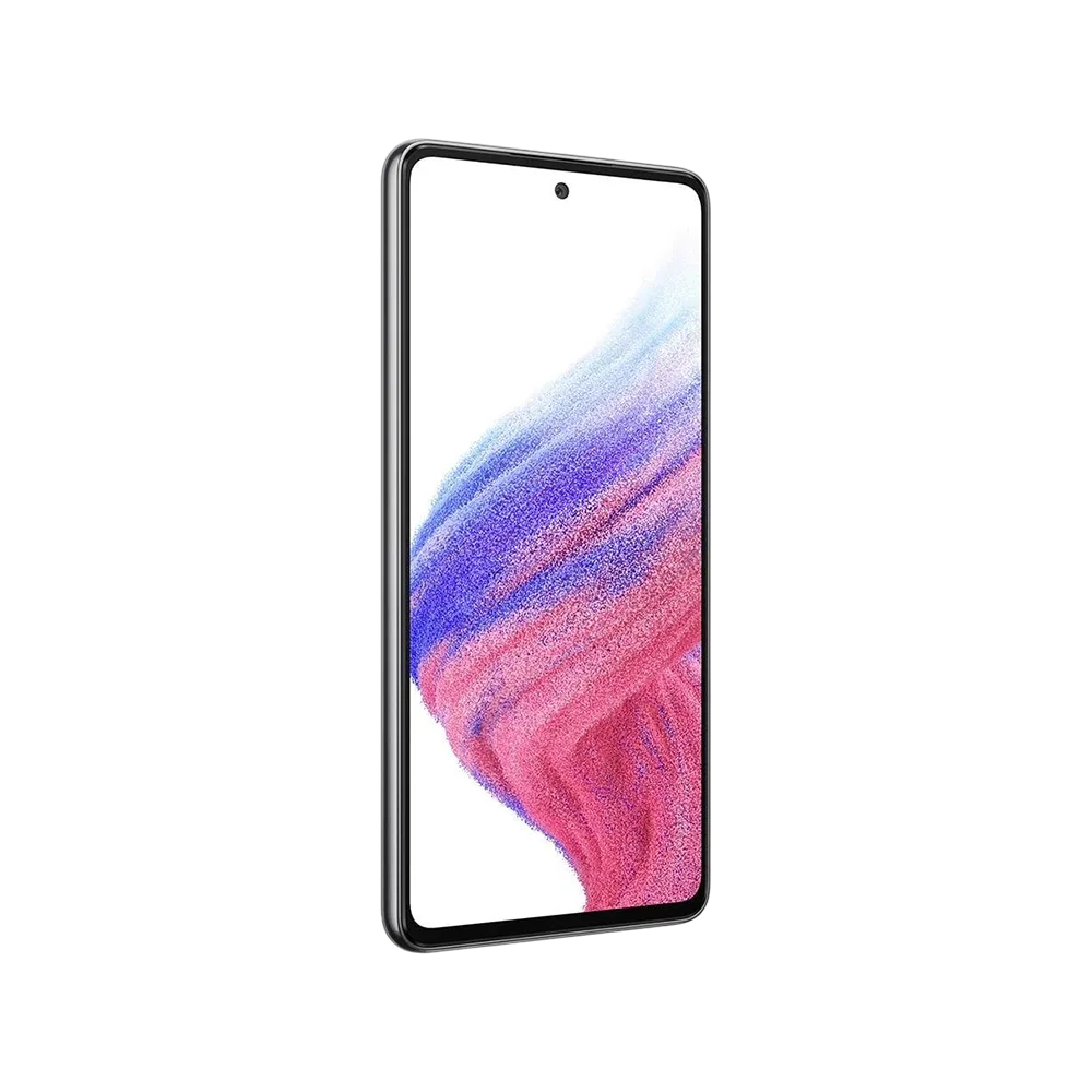 Samsung Galaxy A53 siyah akıllı telefon, önden görünüm, ince çerçeveli ekran ve delikli kamera tasarımı