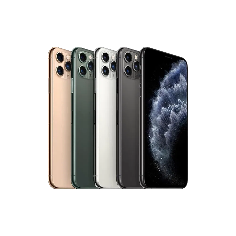 Apple iPhone 11 Pro Max siyah akıllı telefon, üçlü arka kamera ve tam ekran ön yüz görünümü