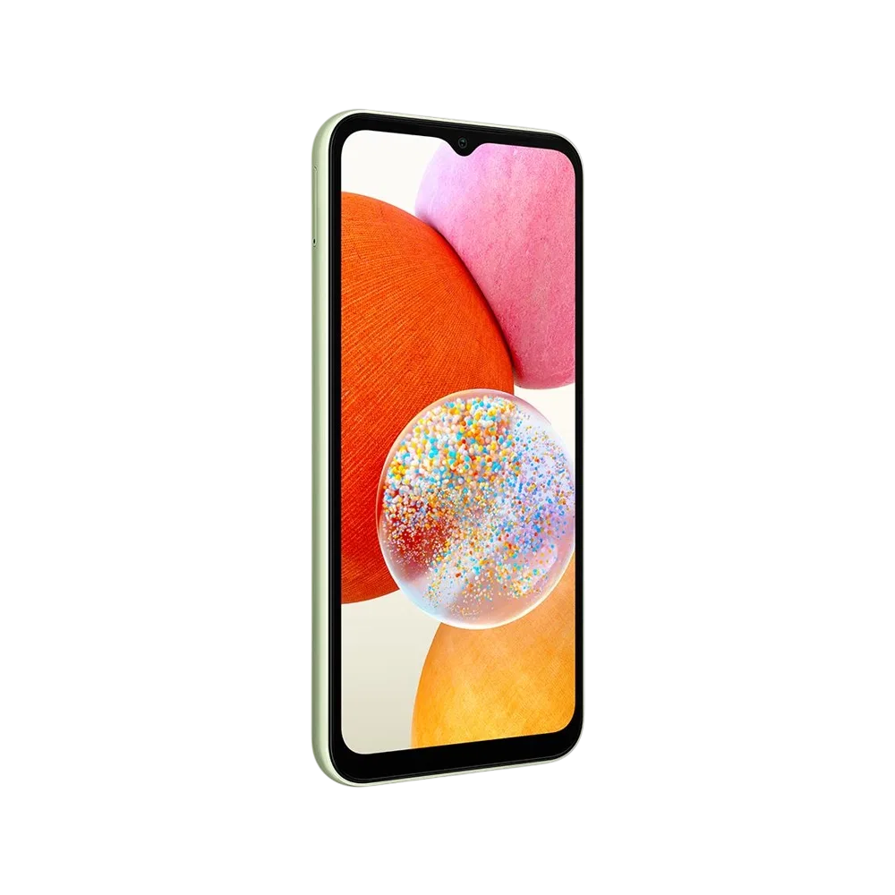 Samsung Galaxy A14 yeşil akıllı telefon, ön yüz ekran tasarımı ve ince çerçeveli görünüm