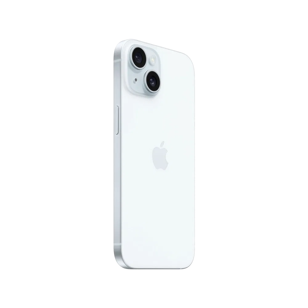 Apple iPhone 15 Plus mavi akıllı telefon, çift arka kamera ve Apple logosu görünen arka tasarım