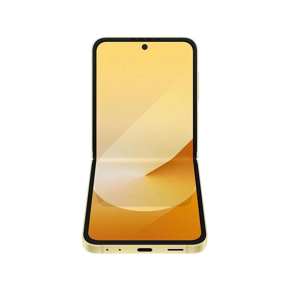 Sarı Samsung Galaxy Z Flip6 katlanabilir akıllı telefon, açık konumda ön ekrandan görünüm