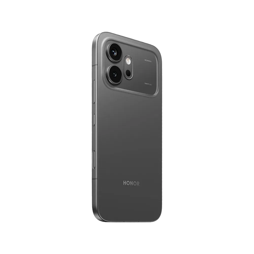 Siyah Honor 600 akıllı telefonun arka yüzeyi, çift kamera modülü ve ince çerçeveli şık tasarımı