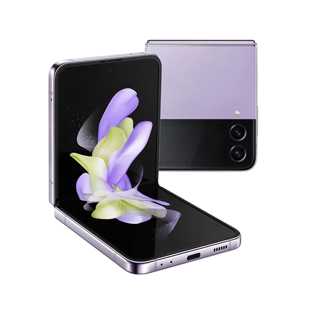 Samsung Galaxy Z Flip4 lavanta renk katlanabilir akıllı telefon, açık konumda ekran ve çift kamera görünümü
