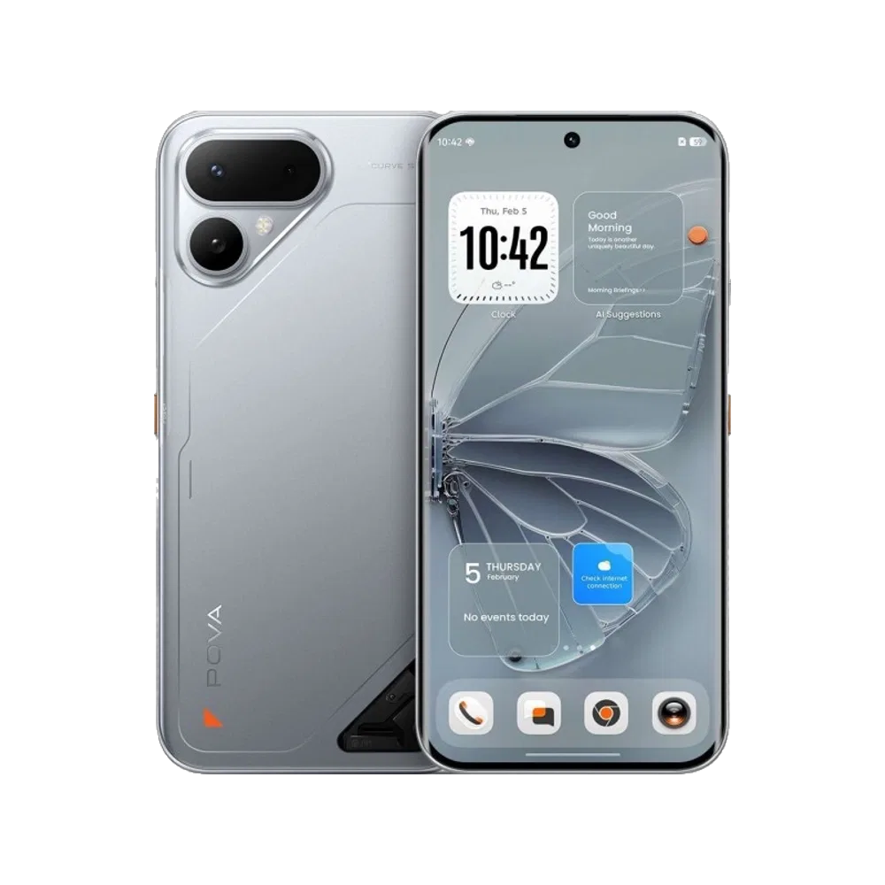Tecno Pova Curve 2 5G titanyum akıllı telefon, ön ekran ve arka yüzey tasarımıyla yan yana görünüm