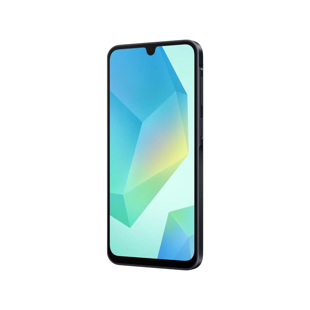 Samsung Galaxy A16 siyah akıllı telefon, çentikli ekranlı önden görünüm ve ince çerçeve tasarımı
