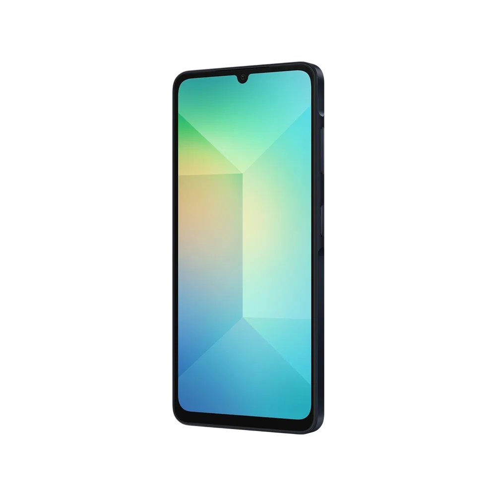 Samsung Galaxy A06 siyah akıllı telefonun önden görünümü, damla çentikli geniş ekran tasarımı