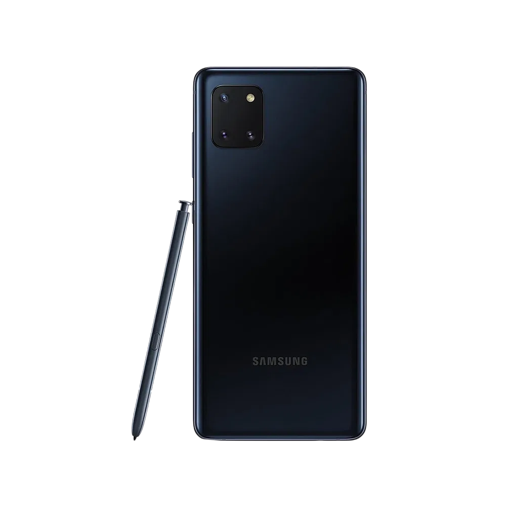 Samsung Galaxy Note 10 Lite siyah akıllı telefon, arka kamera modülü ve S Pen kalemle arka görünüm
