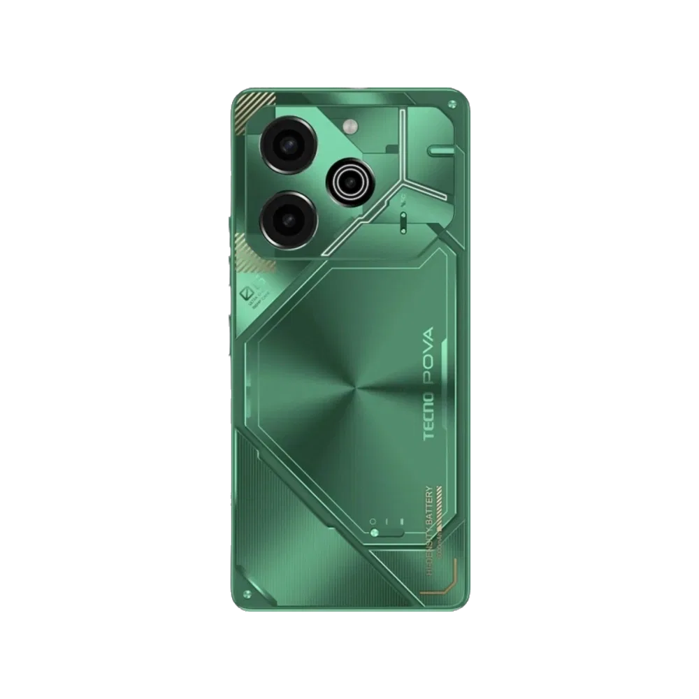 Yeşil Tecno Pova 6 Pro akıllı telefon, arka yüzünde çift kamera ve tasarım detayları görünüyor.