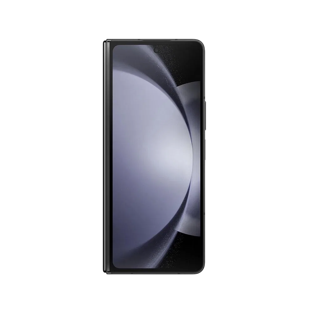 Samsung Galaxy Z Fold5 siyah akıllı telefon, ön ekranı açık şekilde önden görünüm, ince çerçeveli tasarım